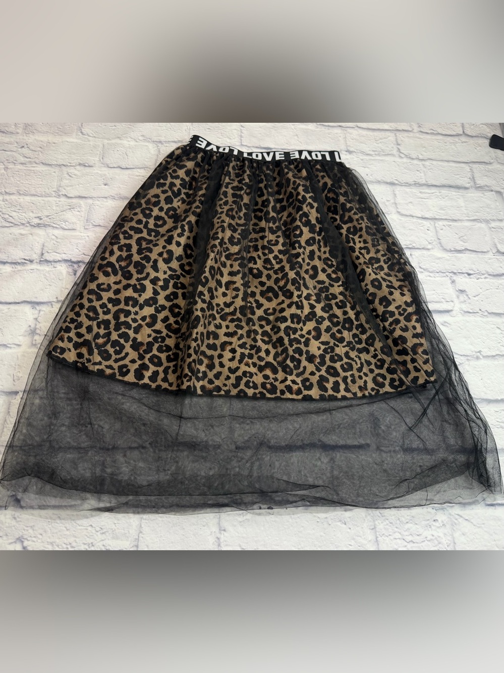 Whimsigoth Leopard Print Tulle Overlay Midi Skirt with 'LOVE' Waistband. Size XS